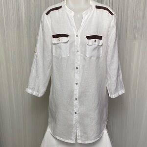 Lea Greb White 100% Linen Shirt with Brown Accents Mother of Pearl Button Up XL